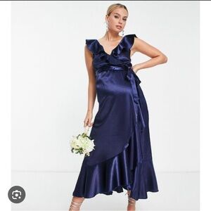 LITTLE MISTRESS MATERNITY FRILL WRAP DRESS IN NAVY | SIZE 6